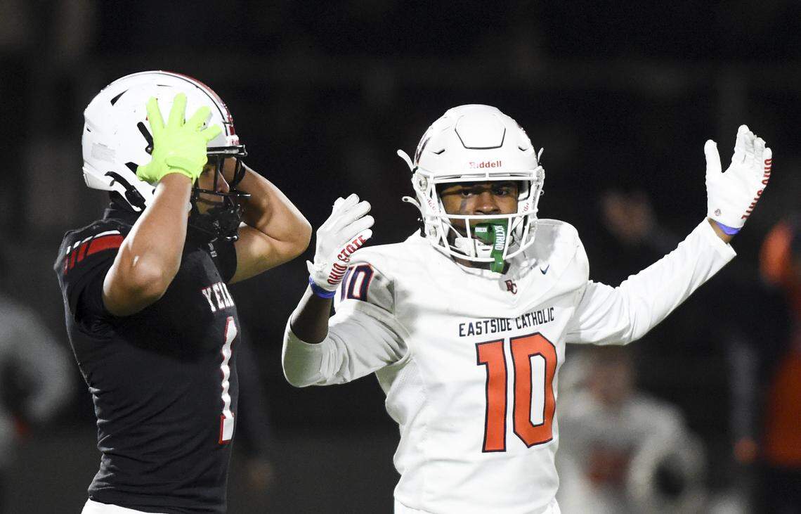 Yelm’s Arlo Henderson (1) reacts to breaking up a pass intended for Eastside Catholic’s Asa Thompson (10) during the first half of the 3A semifinal state game at Art Crate Field, Saturday, Nov. 25, 2023, in Spanaway, Wash.