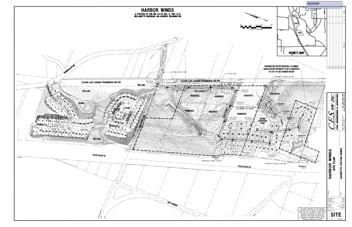 A site plan for Harbor Winds, a proposed housing development near state Route 16 and accessed via 93rd Street in Gig Harbor, Wash. The preliminary plat proposes subdividing 25.5 acres into 40 single-family home lots.