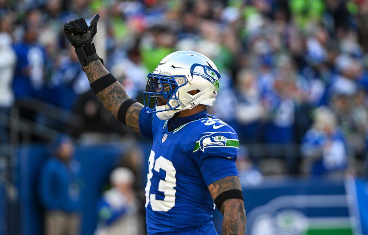 Seattle Seahawks safety Jamal Adams (33) celebrates a turnover against the Cleveland Browns during the first quarter of the game at Lumen Field, Sunday, Oct. 29, 2023, in Seattle, Wash.