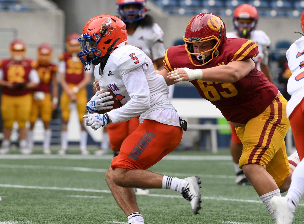 Rainier Beach wide receiver and defensive back Caleb Presley (5) in a football game against O’Dea on Friday, Sept. 16, 2022 at Lumen Field in Seattle, Wash.