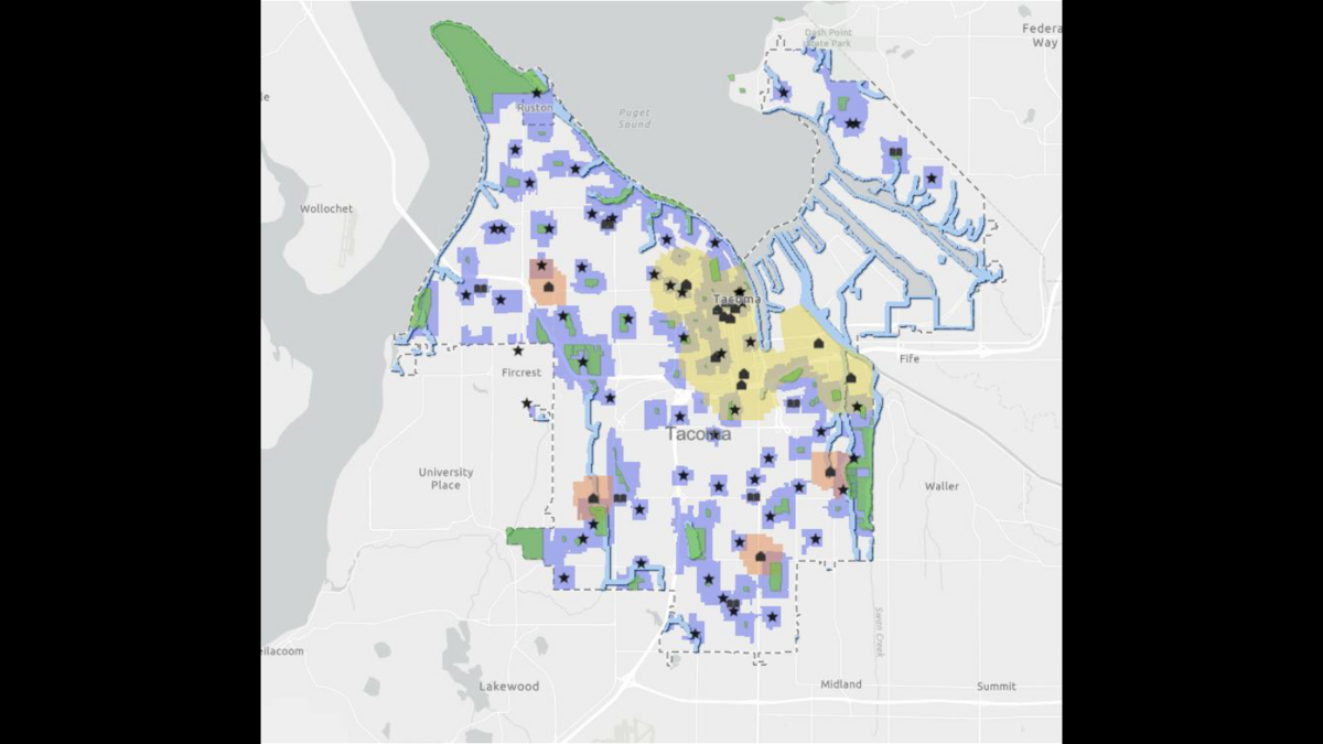 Map of the new areas camping where camping is prohibited in Tacoma. Yellow: Within 10 blocks of temporary or emergency shelters in the downtown zone. Orange: Within five blocks of temporary or emergency shelters outside the downtown zone. Purple: With two blocks of public schools (K-12), public parks and public libraries. Blue: Within 200 feet of protected waterways.