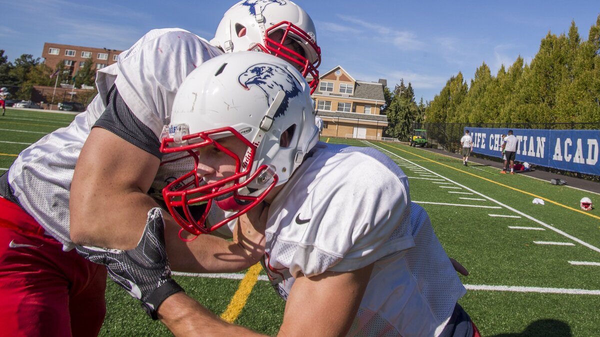 Jacob Sullivan, offensive lineman/line backer, on the Life Christian football team in practice, September 25, 2018.