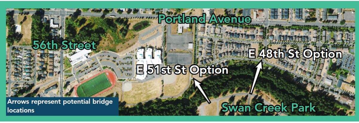 This maps shows the two possible locations of the Swan Creek Park pedestrian bridge.