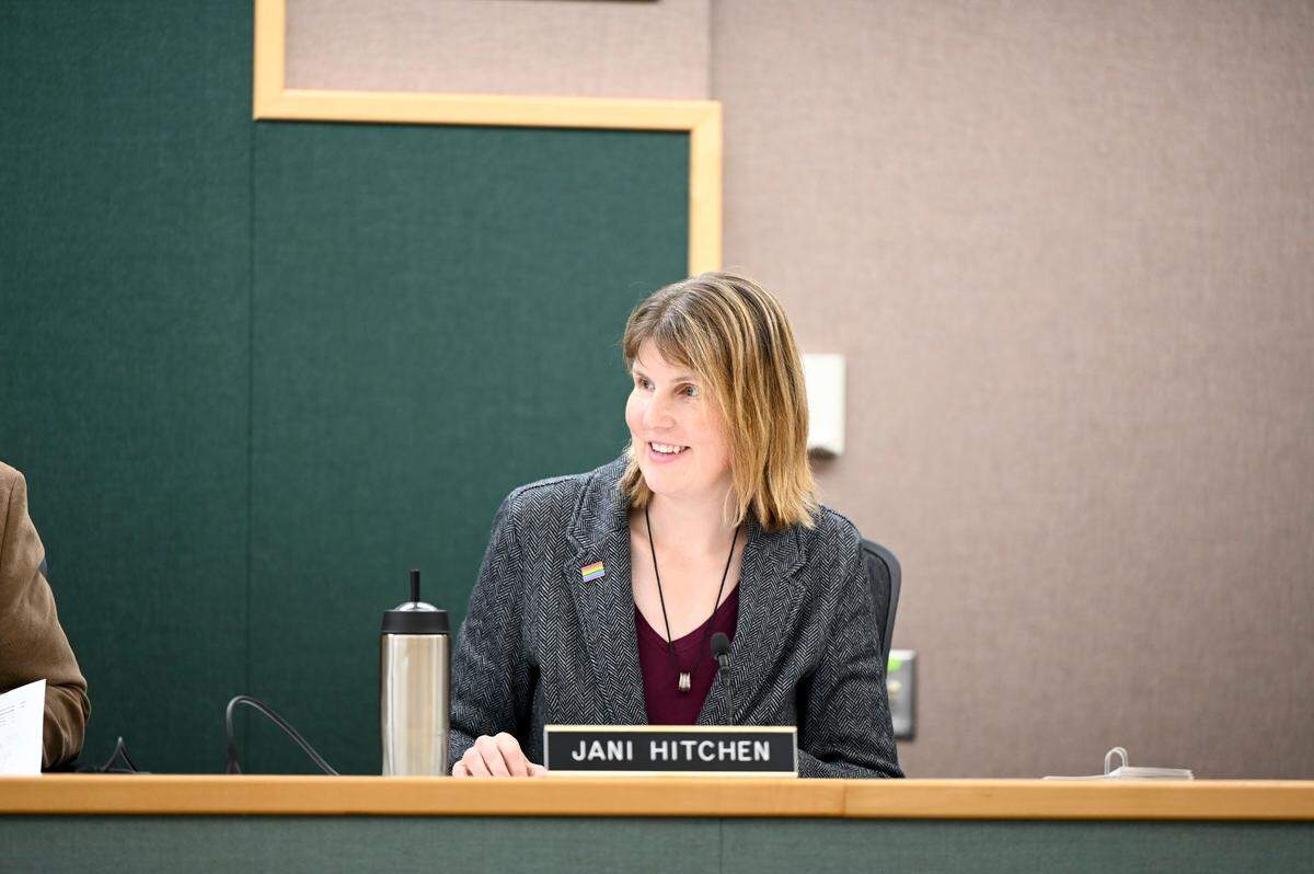 Pierce County Council member Jani Hitchen talks to other council members during a Pierce County Council meeting, Tuesday, July 25, 2023, in Tacoma, Wash.
