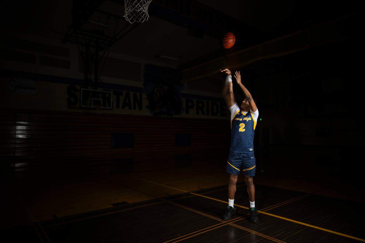 Annie Wright senior Jeremiah Harshman, The News Tribune’s 2025 All-Area boys basketball player of the year, poses for a portrait at Sumner High School, on Sunday, March 23, 2025, in Sumner.