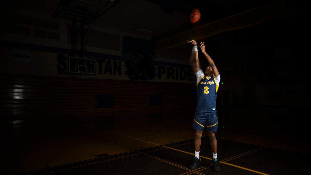 Annie Wright senior Jeremiah Harshman, The News Tribune’s 2025 All-Area boys basketball player of the year, poses for a portrait at Sumner High School, on Sunday, March 23, 2025, in Sumner, Wash.