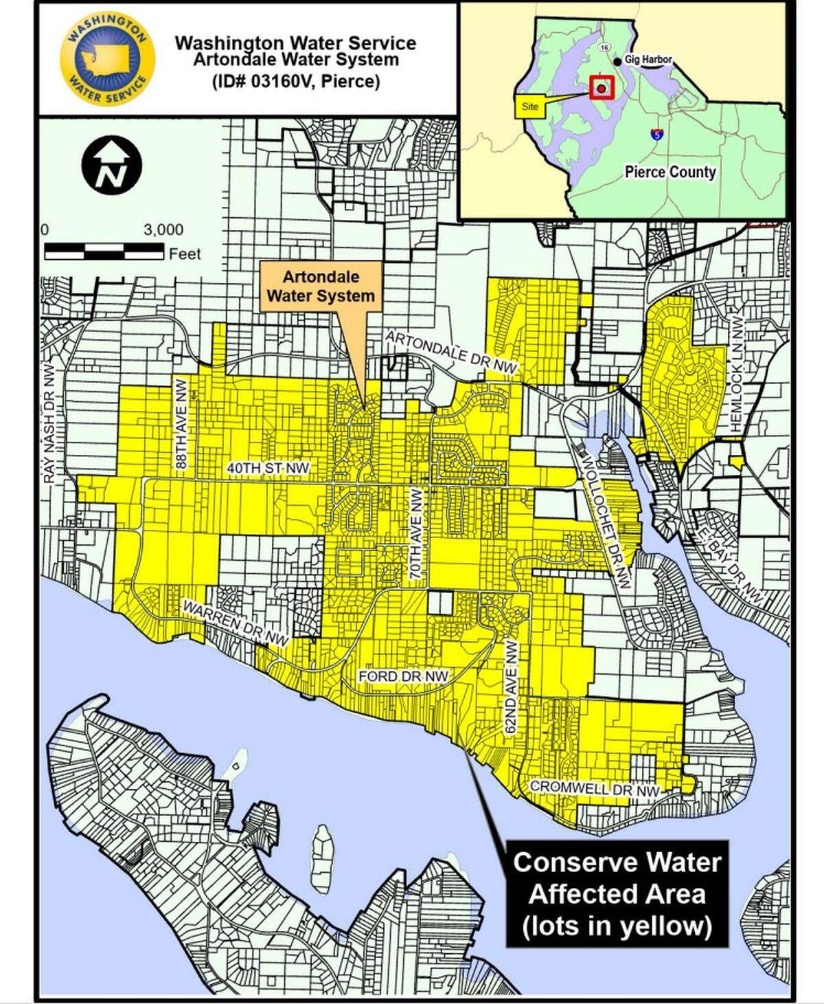 A map shows where Artondale customers are asked to conserve water by avoiding outdoor irrigation at certain times and days of the week this summer, per an alert from Washington Water Service Monday, July 14, 2025.
