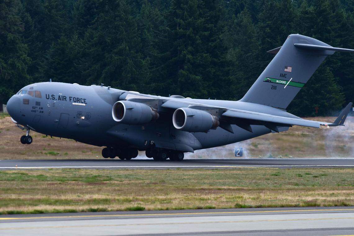 A C-17 lands on the newly resurfaced runway at McChord Field in 2019.