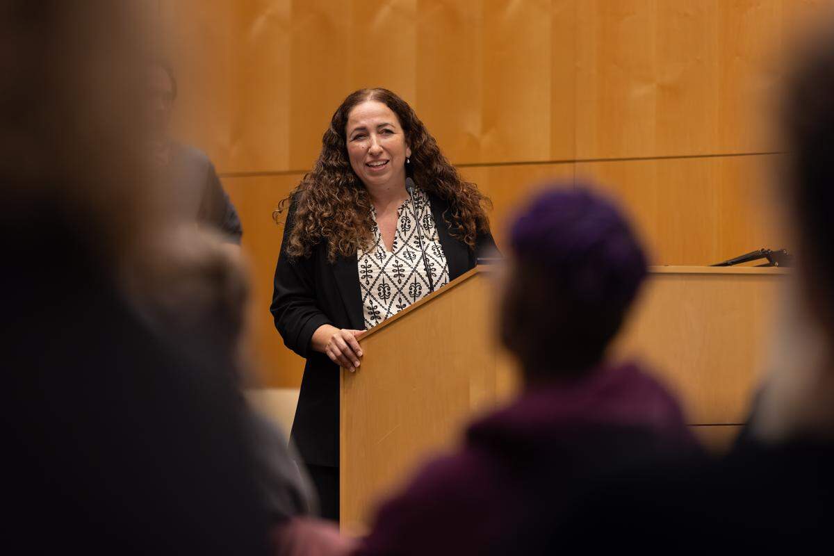 Professor Ariela Tubert speaks at the 53rd annual Regester Lecture at the University of Puget Sound on Nov. 13, 2025, titled “Dating a Zombie: AI Romantic Companions and the Question of Consciousness.”