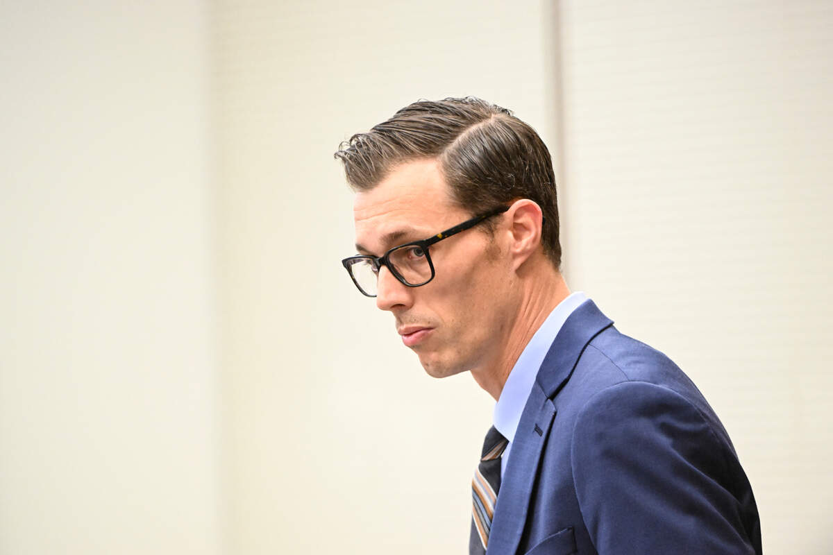 Defense attorney Mark Conrad looks to the prosecutors in regard to a motion Tuesday during the trial of three Tacoma police officers in the killing of Manny Ellis.