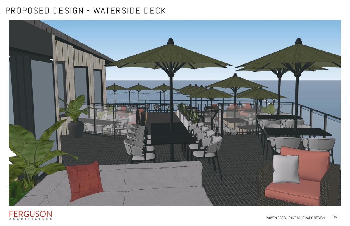 The large deck will be split into two levels: the raised portion will flow to the bar and lounge, while the lower deck will connect to the main dining room.