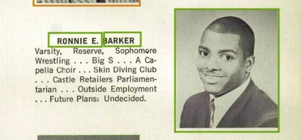 A yearbook photo of Ronnie E. Barker, who graduated Stadium High School in Tacoma in 1963, shows he was a wrestler, football player and member of the choir, among other activities.