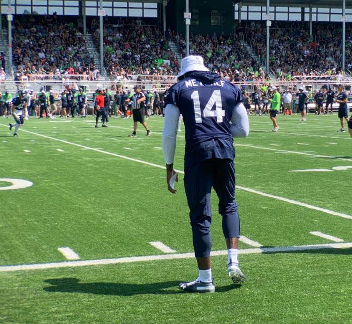 Heralded rookie wide receiver DK Metalf watching the Seahawks’ mock game Saturday in Bothell. Coach Pete Carroll said his second-round draft choice who has been a star of the spring and summer has a strained oblique muscle. The team hopes Metcalf can return before Thursday’s first preseason game, at home against Denver.
