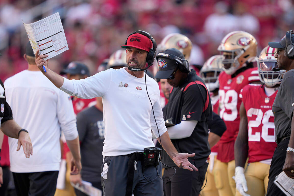 San Francisco 49ers head coach Kyle Shanahan gestures on the sideline during the second half of an NFL football game against the Seattle Seahawks in Santa Clara, Calif., Sunday, Oct. 3, 2021. (AP Photo/Tony Avelar)
