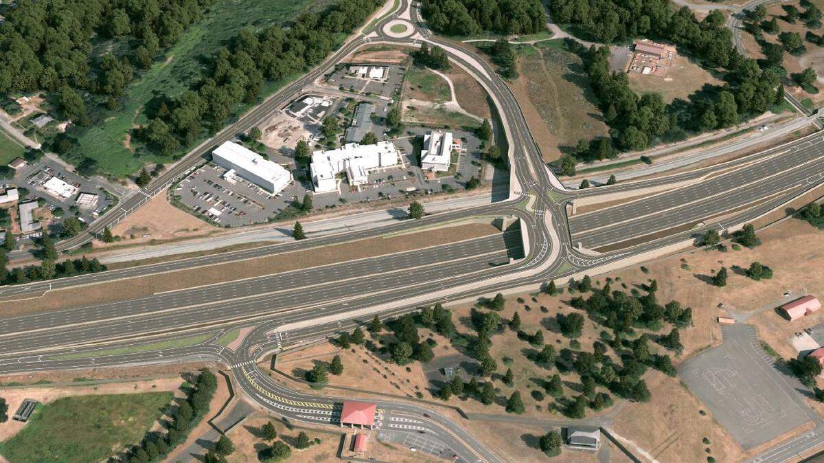 This design visualization shows the final design of the a new I-5 and Steilacoom-DuPont Road interchange at exit 119 in Pierce County. The design of the new bridge structure includes a half diverging diamond interchange with barrier protected pedestrian access.