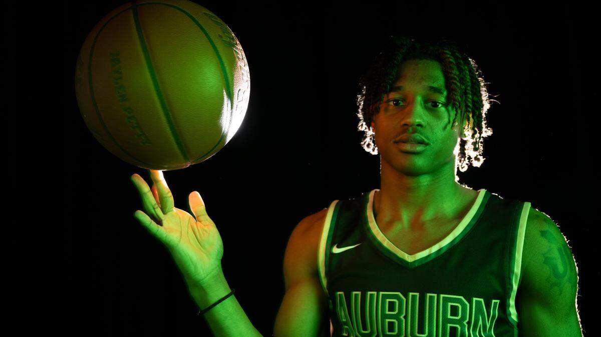 Auburn’s Jaylen Petty poses for a portrait after being selected as The News Tribune’s 2024 All-Area basketball player of the year, at Silas High School, on Sunday, March 17, 2024 in Tacoma, Wash.