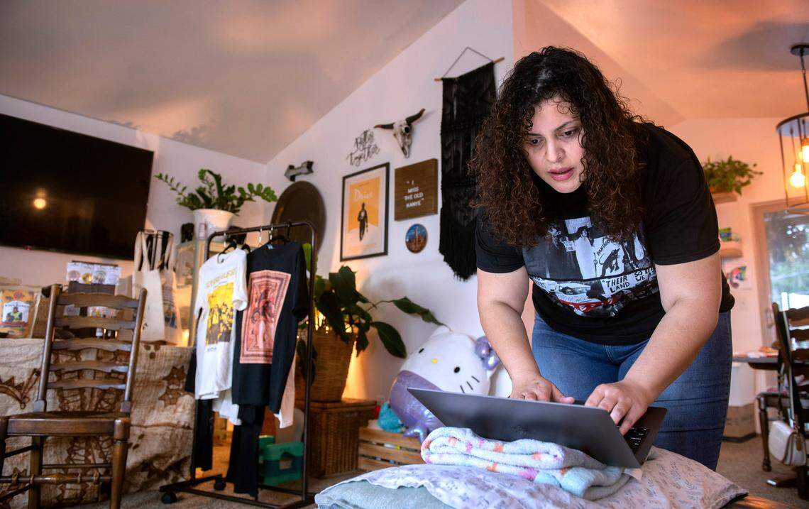 Celina Tupou-Fulivai’s heritage as the granddaughter of Tongan royalty drives her to give back to those on the multi-island nation in the remote south Pacific Ocean. She is shown at her home in Tacoma, Washington, where she operates Pacifica Mutual Aid to help victims of the January 15 volcano eruption and tsunami.