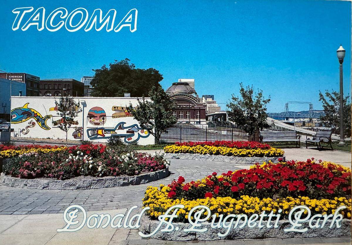 A 1980s era postcard shows Don Pugnetti Park in Tacoma before the Washington State History Museum was built.