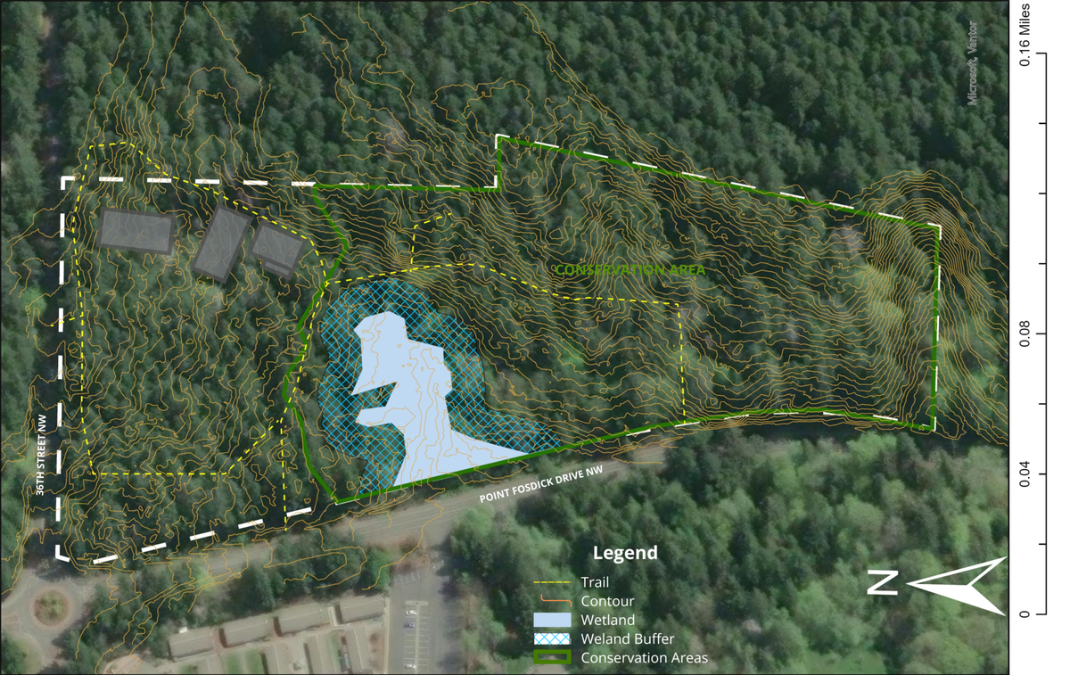 A map shows where the Greater Gig Harbor Foundation and Gig Harbor Senior Center plan to conserve nine acres of land as part of a $14 million community center project, targeted to break ground in early 2028.