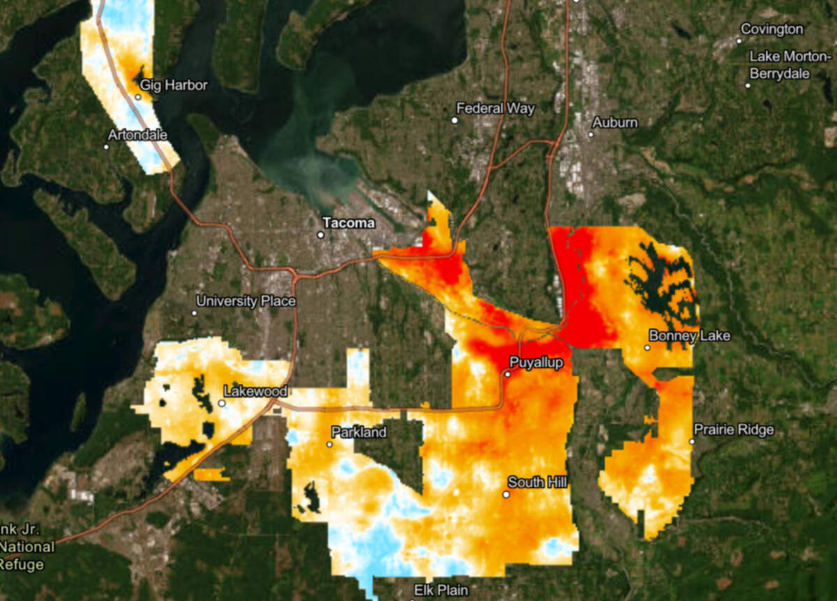 Temperatures across Pierce County between 6 a.m. and 7 a.m. on Aug. 4, 2024. Fife and Sumner had the highest temperatures in the county at 62 degrees, due to warehouses retaining heat overnight.