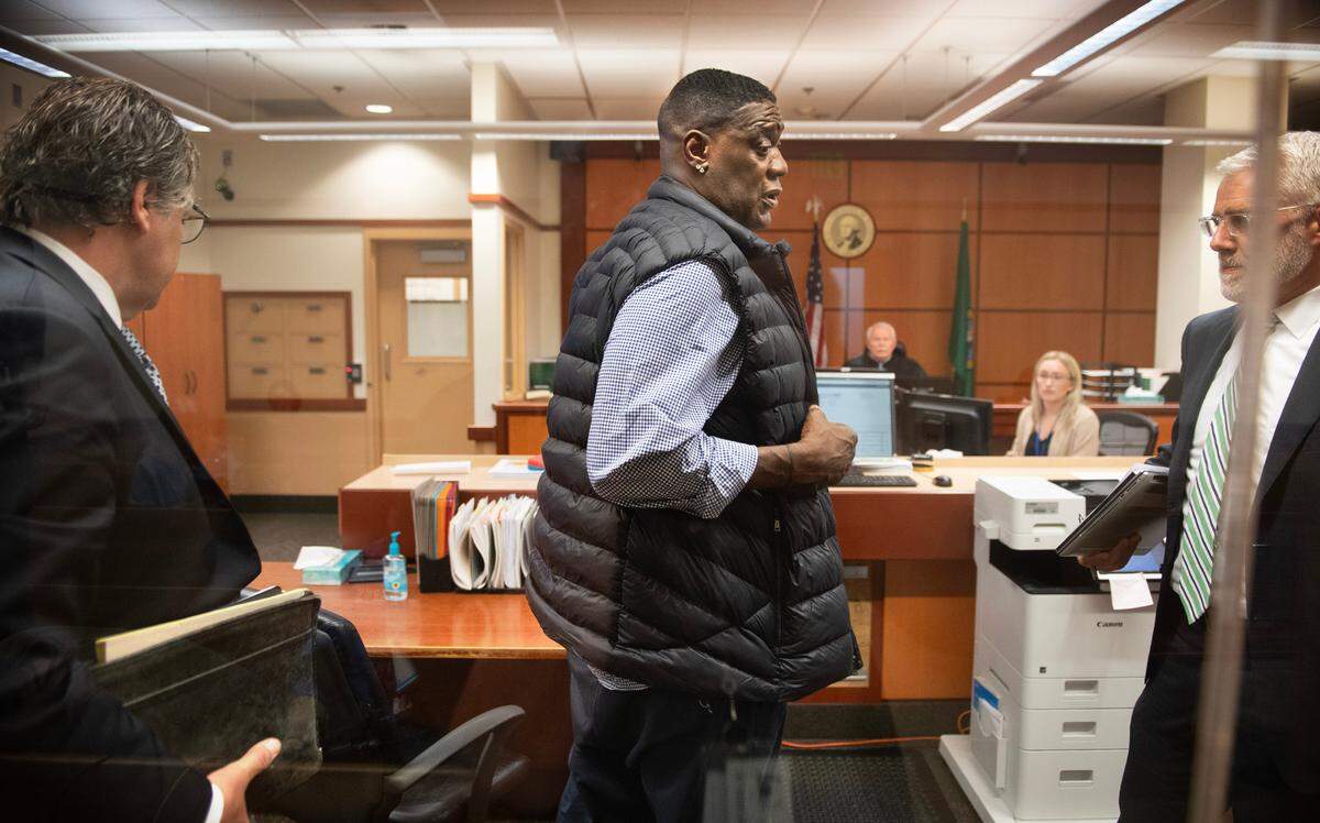 Former Seattle Supersonics basketball player Shawn Kemp arrives in Pierce County Superior Court in Tacoma, Washington, on Thursday, May 4, 2023, to be arraigned on charge of first-degree assault for a March 8 shooting at the Tacoma Mall.