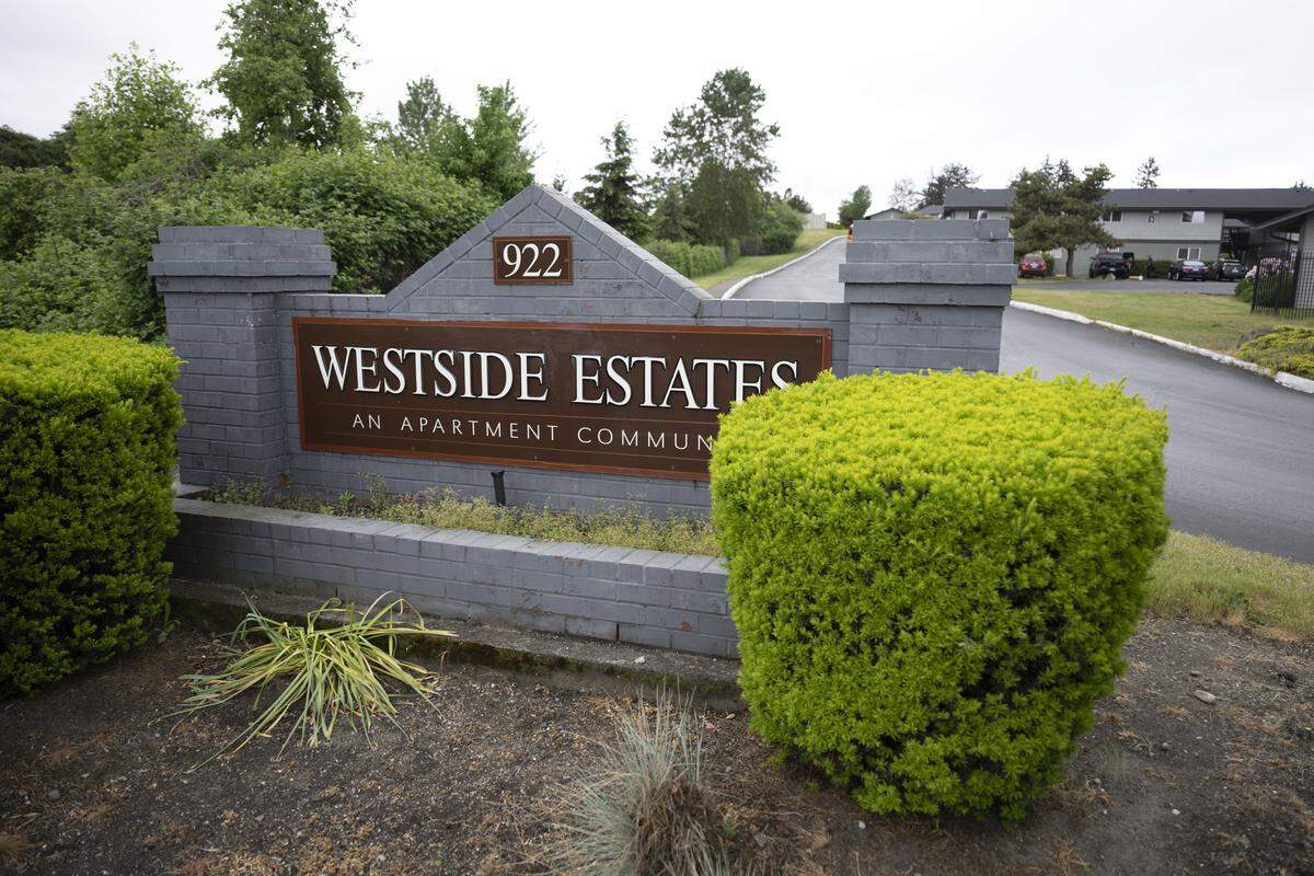 A sign marks the entrance to Westside Estates on Wednesday, May 13, 2026, in Tacoma, Wash.