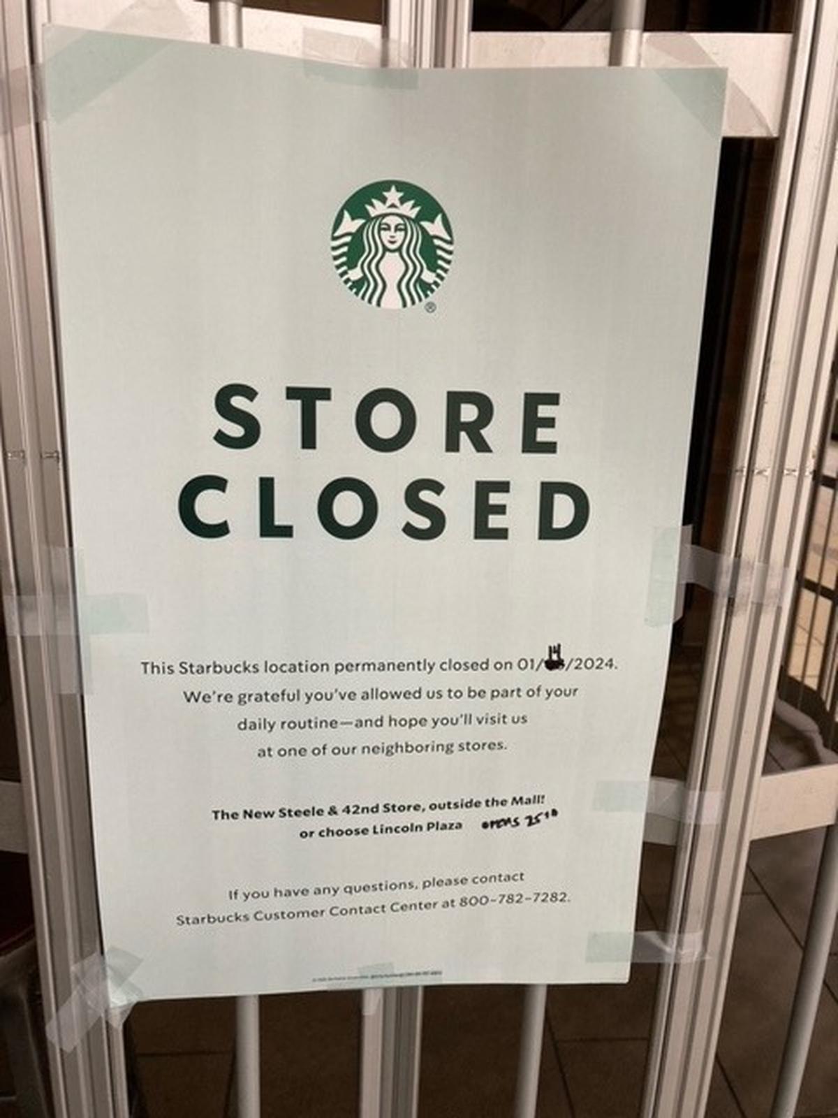 A sign at the now-closed Starbucks at the Tacoma Mall redirects customers to a new store at 42nd and Steele streets nearby. That store is now opening Jan. 25.