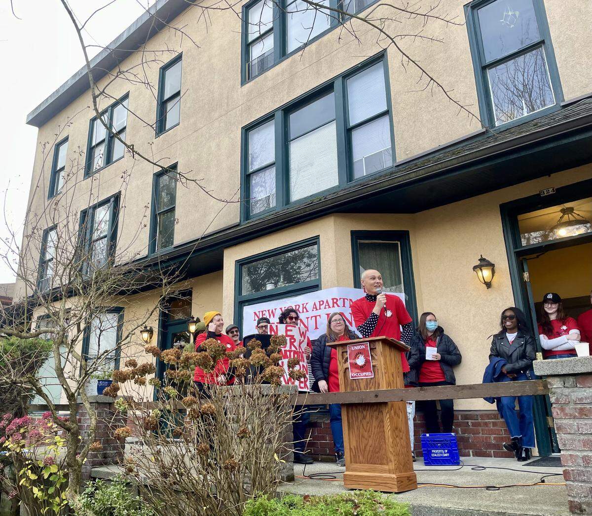 Francis Faye Oak speaks at a rally outside the New York Apartments in Tacoma during an announcement of the launch of the New York Apartments Tenant Union on Dec. 6, 2025.