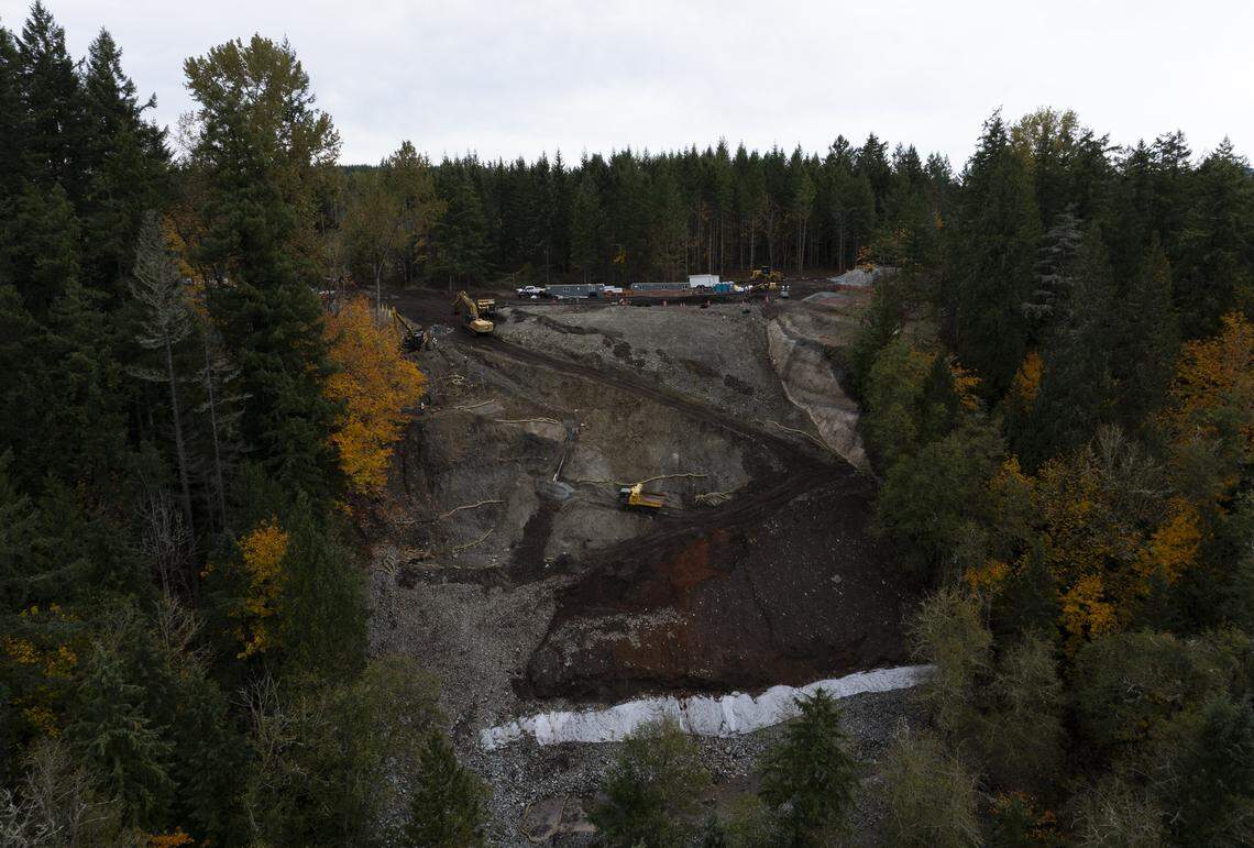 The Washington Department of Ecology works to clean up the site of a former landfill within Nisqually State Park on Thursday, Oct. 30, 2025, in Eatonville, Wash.