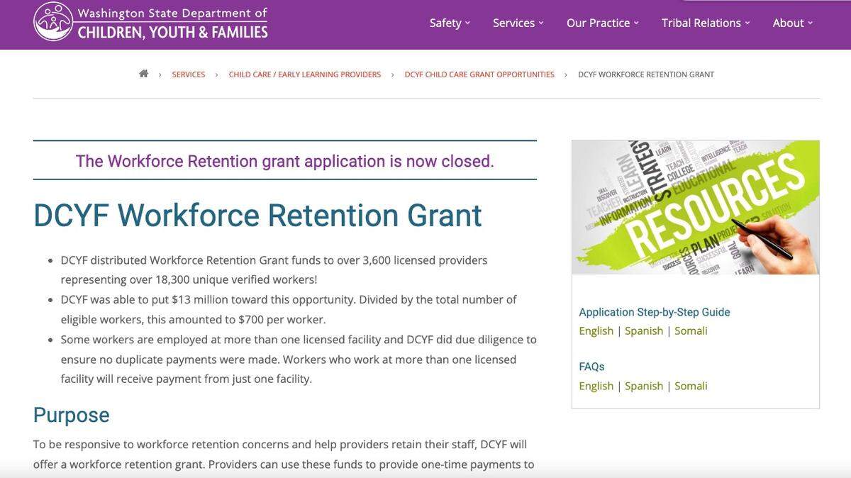 A screenshot of the state DCYF Workforce Retention Grant that was open this fall to licensed or certified child-care providers.