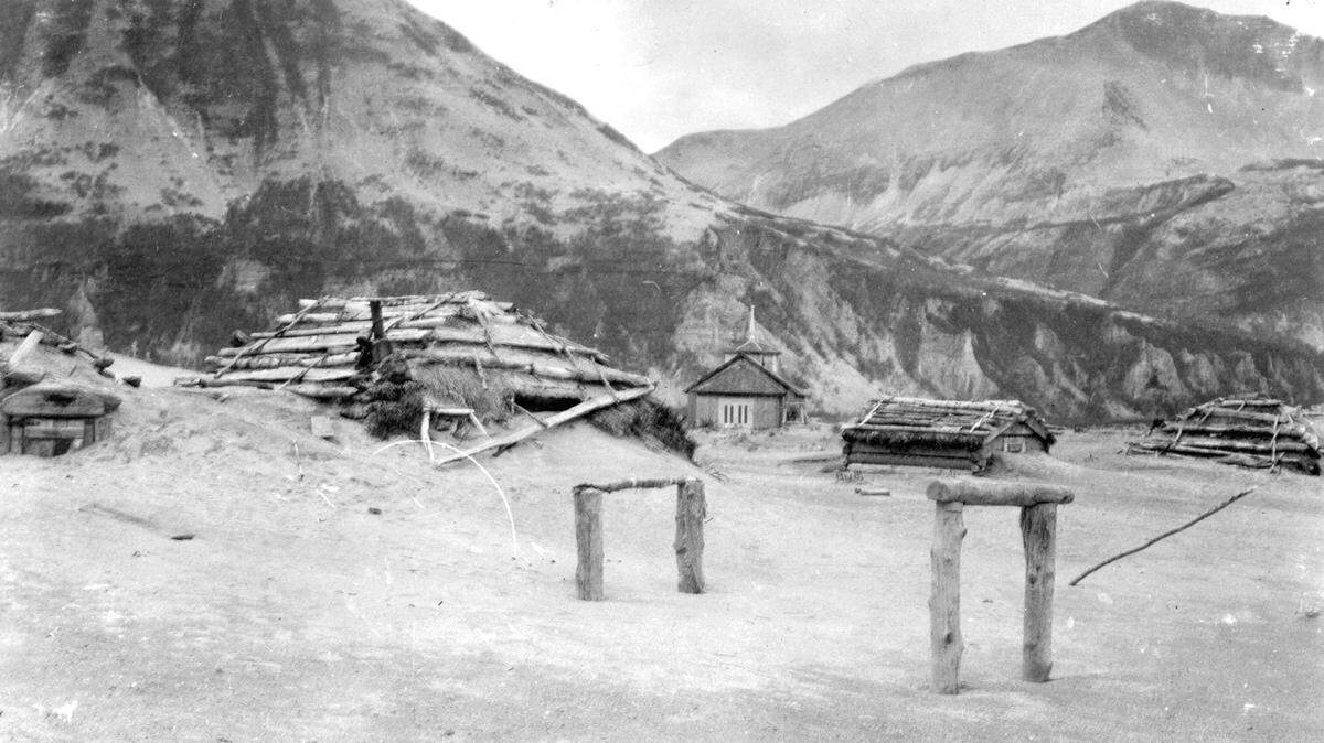 A June 1912 photo shows ash drifts around Katmai village’s then-new Russian Orthodox church after the eruption of Novarupta Volcano in Katmai National Park and Preserve in Alaska. An unusual alert was issued by volcano scientists Wednesday, Nov. 17, 2021, warning that an ash cloud was headed toward Alaska’s Kodiak Island. The ash is from the powerful 1912 eruption of Novarupta, a volcano on the Alaska Peninsula that dropped volcanic ash that is still visible today.