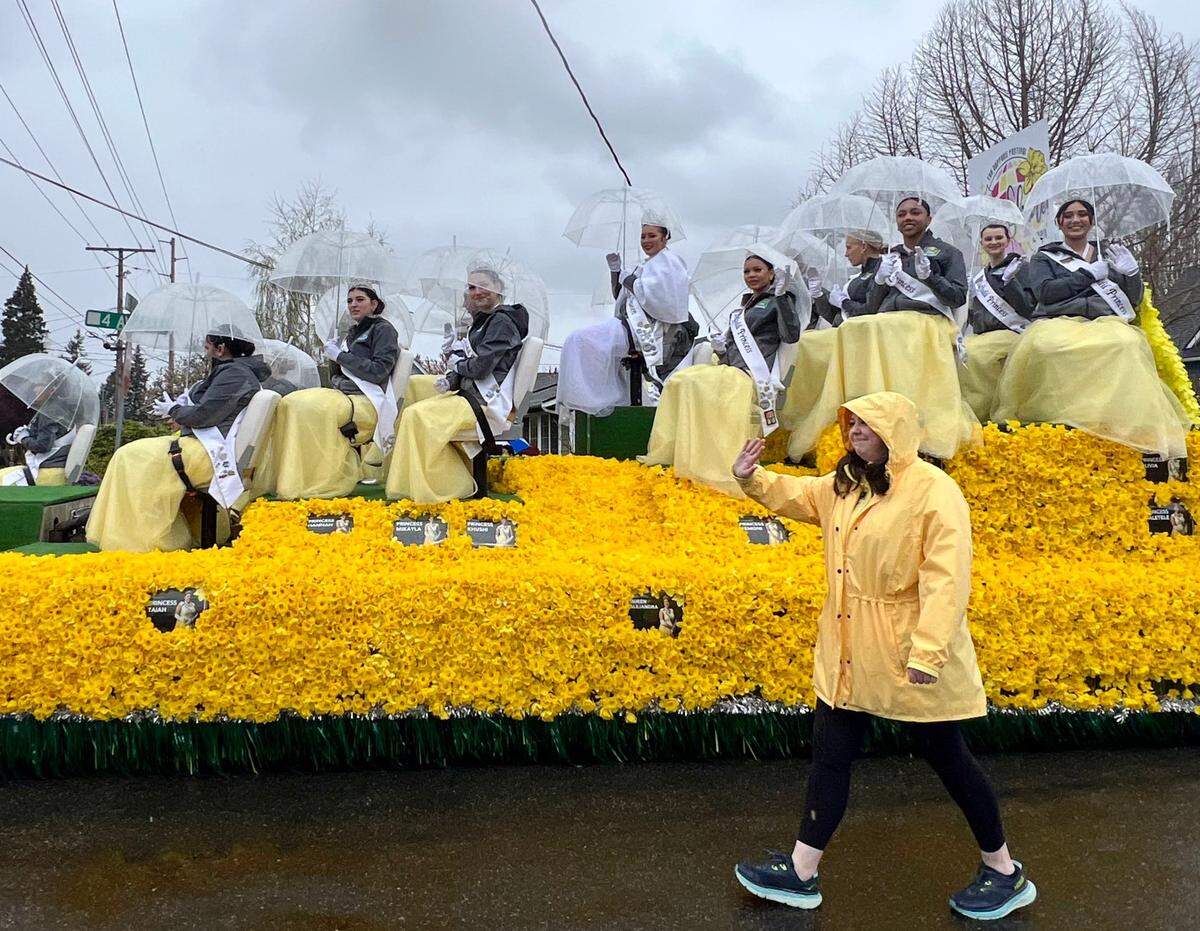 The Daffodil Royal Court floated by in Puyallup on Saturday, April 6, 2024.
