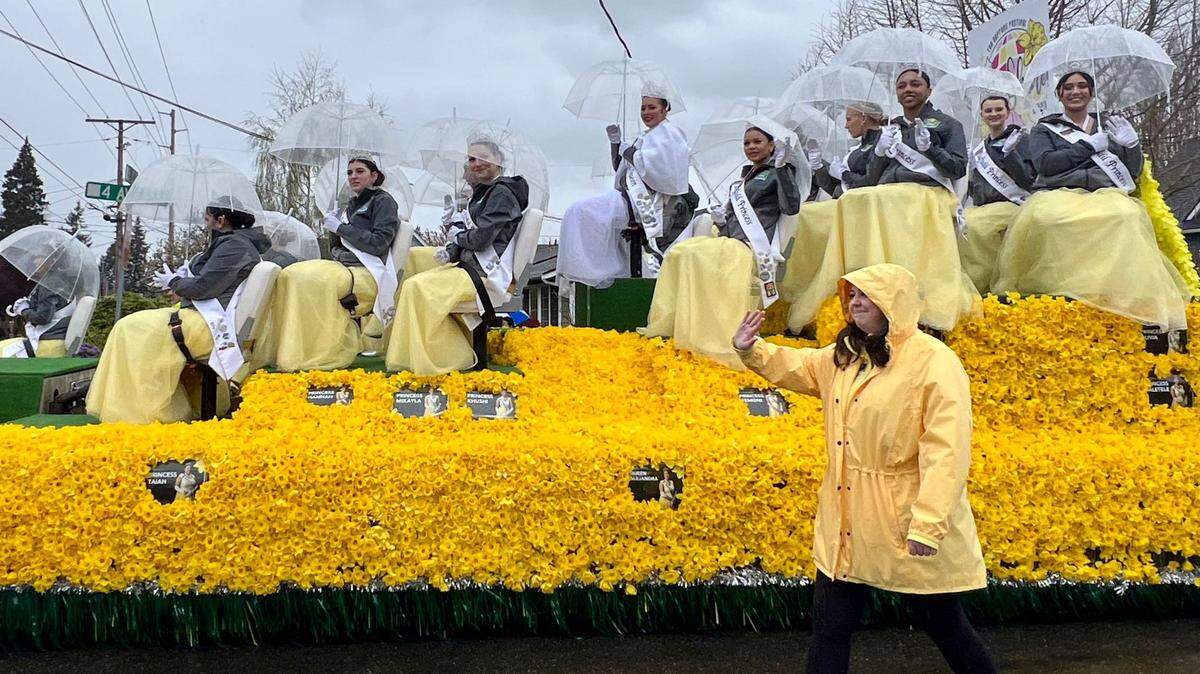 The Daffodil Royal Court floated by in Puyallup on Saturday, April 6, 2024.