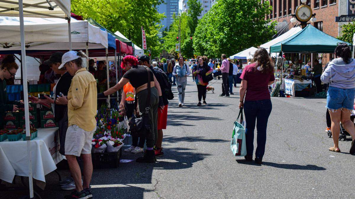 Tacoma Farmers Market runs on Broadway from 9th to 11th every Thursday, May-October. The market was bustling on a sunny June 1, 2023.