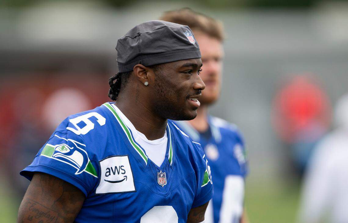 Seattle Seahawks quarterback Jalen Milroe (6) warms up during training camp at Virginia Mason Athletic Center on Friday, July 25, 2025, in Renton, Wash.