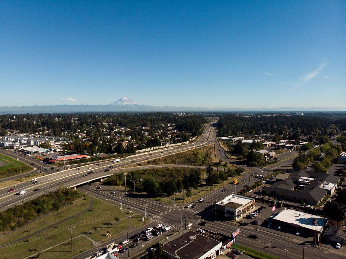 An aerial view of 6th Avenue and South Pearl Street, on Tuesday, Sept. 24, 2024, in Tacoma, Wash.