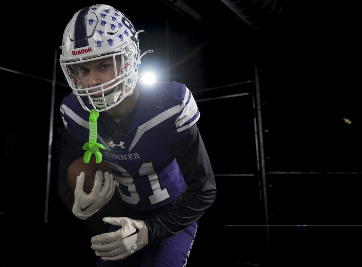Sumner senior tight end Ashton Pillard poses for a portrait after being selected as first-team offense for The News Tribune’s 2025 All-Area football team at Mount Tahoma High School, on Sunday, Dec. 7, 2025, in Tacoma, Wash.
