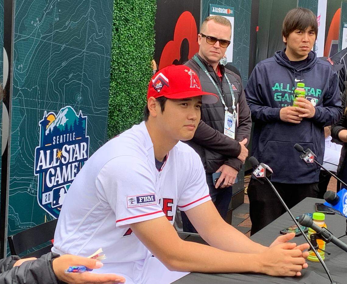 Angels league-leading slugger and pitcher Shohei Ohtani answered questions along the warning track at T-Mobile Park for about 45 minutes on July 10, 2023, workout day before the 93rd All-Star Game in Seattle. Most questions were about his future beyond his contract ending this winter.