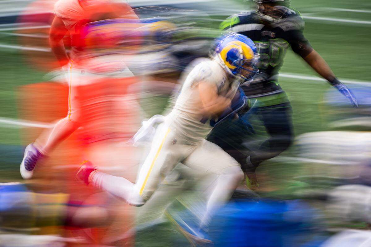 Los Angeles Rams wide receiver Cooper Kupp rushes during the second quarter. The Seattle Seahawks played the Los Angeles Rams in a NFL football game at Lumen Field in Seattle, Wash., on Sunday, Dec. 27, 2020.