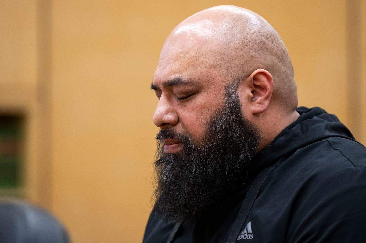 Lauvale Iese, husband of Maria Nunez-Iese, gets emotional while giving a statement to the court prior to Maleke Pate, 24, being sentenced for four counts of aggravated first-degree murder in the Oct. 21, 2021 killing of four people, at Pierce County Super Court, on Friday, May 3, 2024, in Tacoma, Wash.