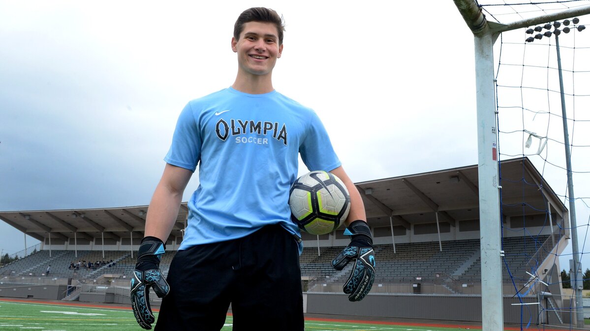 Olympia High School’s senior goalie Sawyer Price is one of the area’s top returners. photo taken April 15, 2019