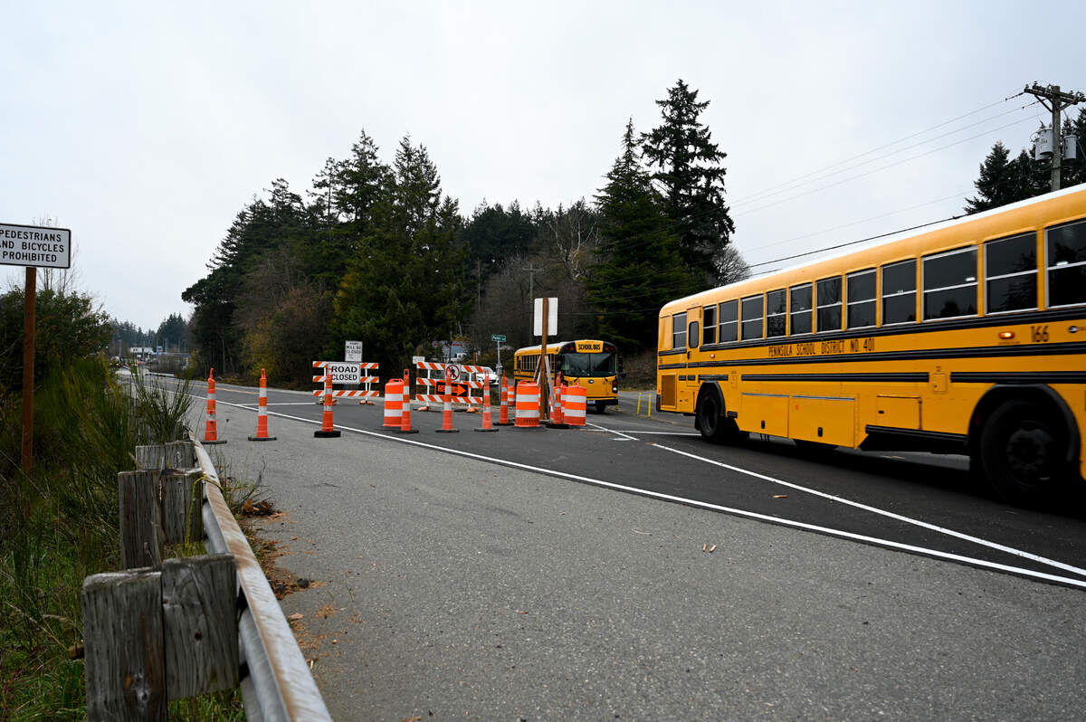 Vehicles back up on Purdy Drive as Peninsula High School releases students Wednesday, Nov. 29, 2023, in Gig Harbor. For the last seven months, WSDOT has been doing construction to fix a culvert to allow for fish migration near the school.