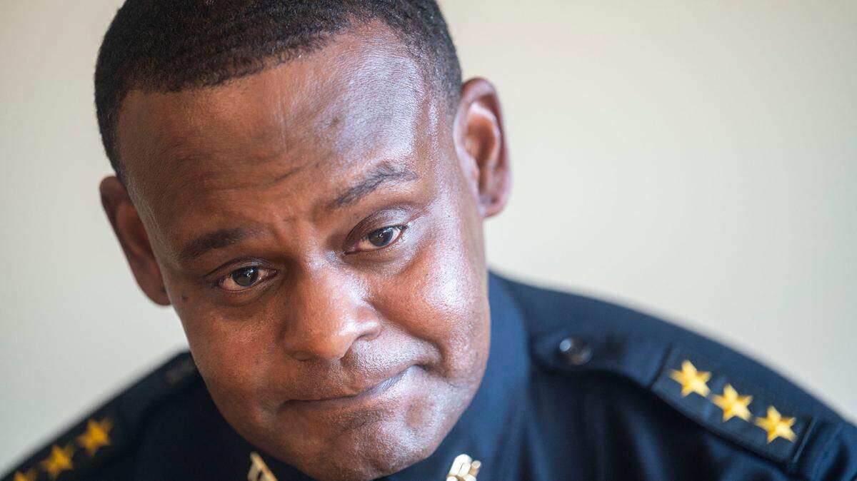 Avery Moore, then Tacoma’s police chief, listens to a question during an interview with a reporter from The News Tribune on Tuesday, Feb. 15, 2022, at Tacoma Police Department Headquarters.
