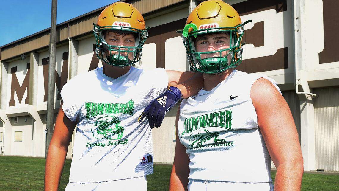 TumwaterÕs twin tower tight ends Ryan Otton (left) and Austin Terry return for their senior season to add big-time firepower to the T-BirdsÕ offensive machine. photo taken August 18, 2021