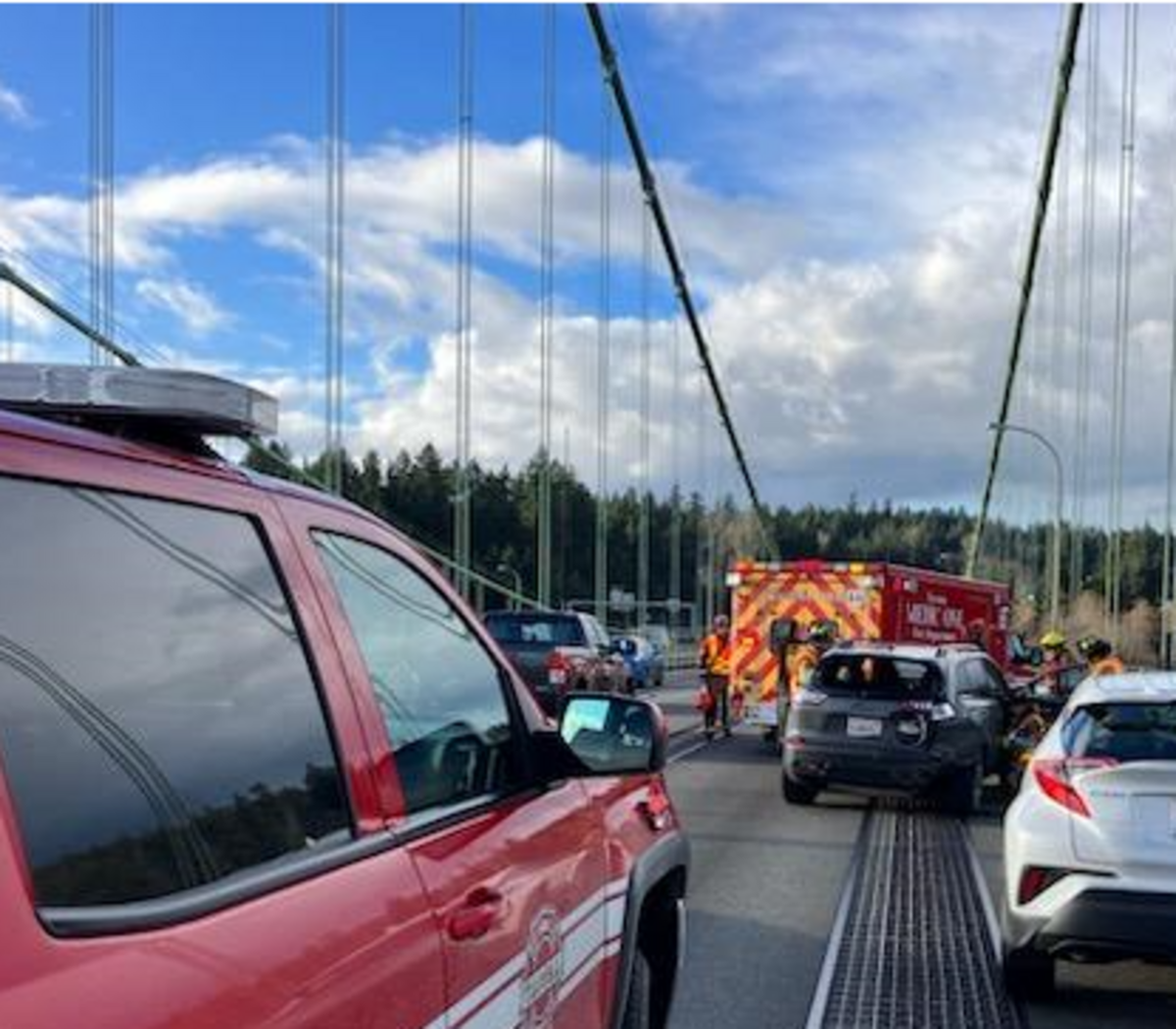 A vehicle collision on the westbound lanes of the Narrows Bridge causes traffic backup the evening of Monday, Feb. 26.
