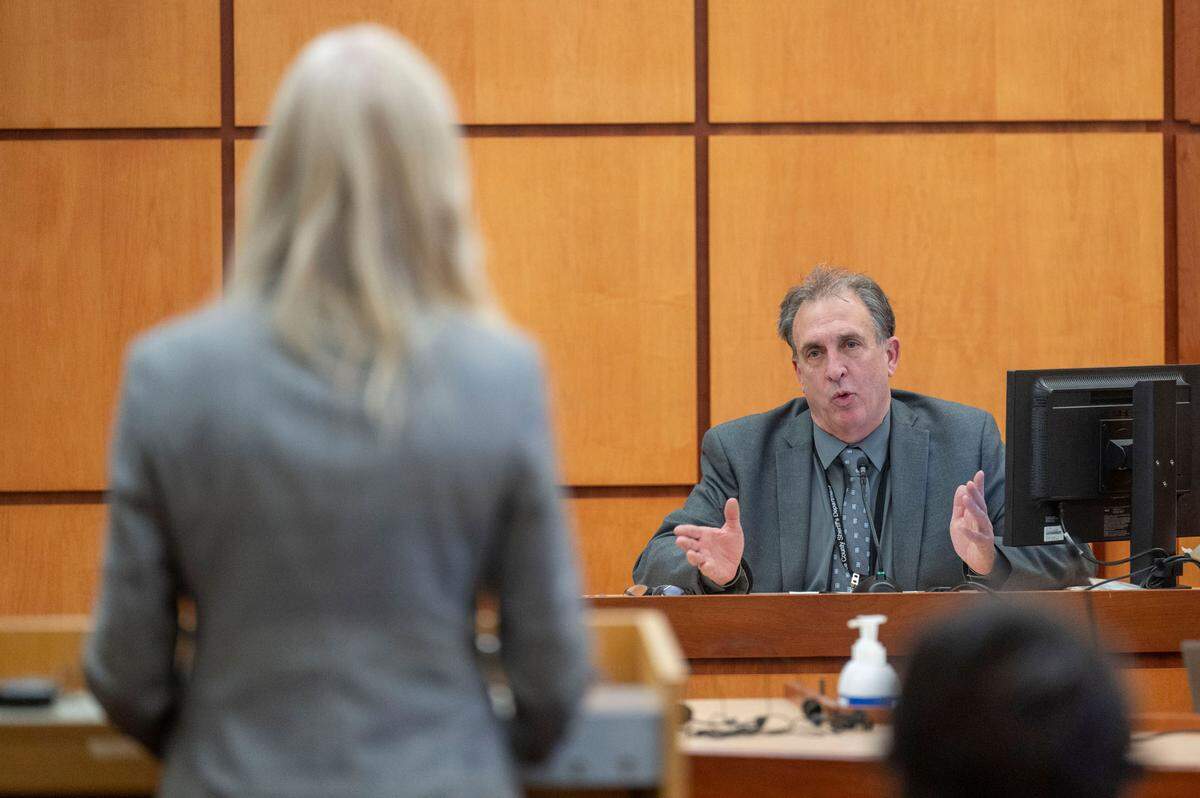 Pierce County Sheriff Ed Troyer answers questions on the witness stand posed by his defense attorney, Anne Bremner, on Monday, Dec. 12, 2022, in Pierce County District Court in Tacoma, Wash.