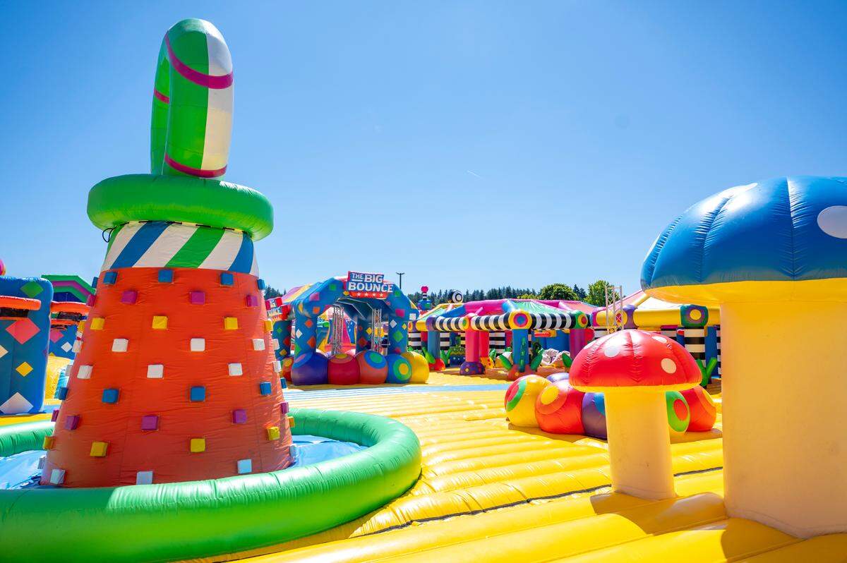 A variety of bouncing, climbing and sitting features fill the The World’s Biggest Bounce House, the main attraction of The Big Bounce America tour, on Friday, July 11, 2025, at the Puyallup fairgrounds in Puyallup, Wash.