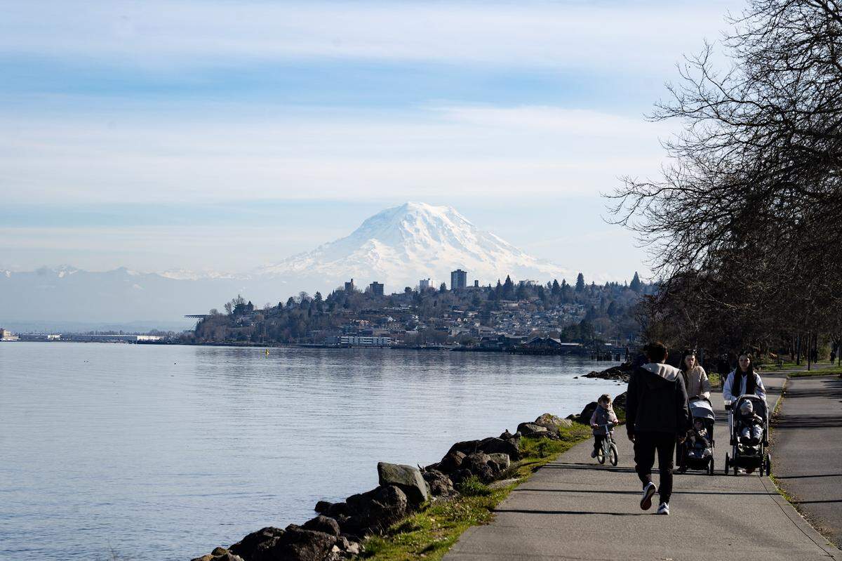 You can see Mount Rainier while getting your steps in along Ruston Way.