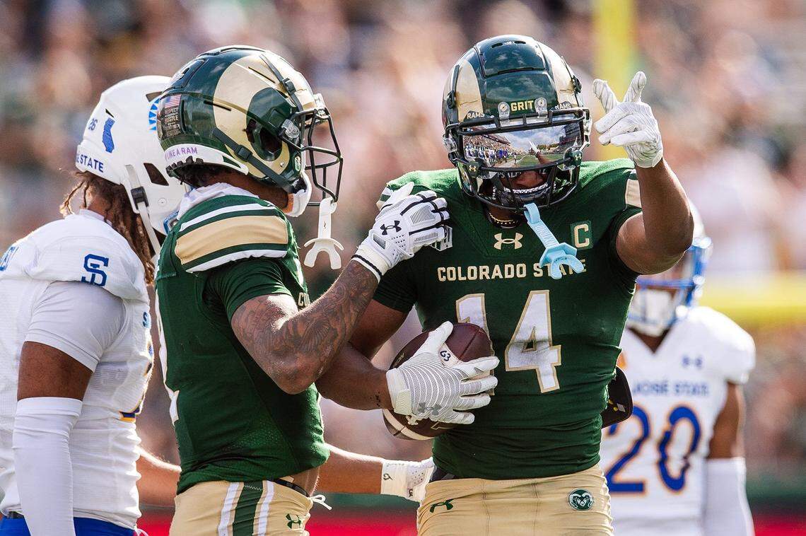 Colorado State's Tory Horton celebrates a first down during a home game against San Jose State at Canvas Stadium on Saturday, Oct. 12, 2024 in Fort Collins, Colo.