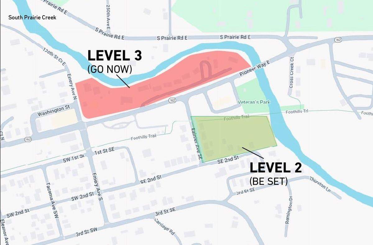 “GO NOW” evacuation notices have been issued for homes between state Route 162 and South Prairie Road East on Dec. 11, 2025.